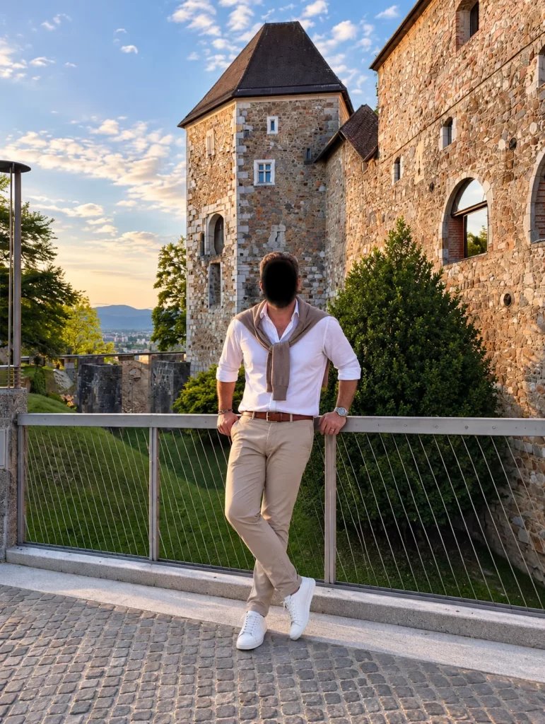 Lorenzo in camicia bianca e pantaloni beige davanti a un edificio storico in pietra, con volto oscurato.