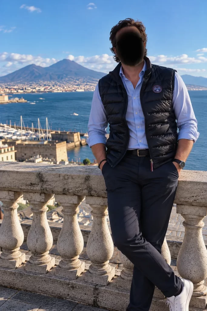 Lorenzo in camicia azzurra e gilet scuro su una terrazza panoramica a Napoli, con il golfo e il Vesuvio sullo sfondo e il volto oscurato.